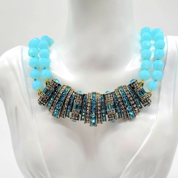 Heidi Daus Aquamarine Swarovski Crystal Horizontal Art Deco Pendant Necklace - Picture 1 of 14